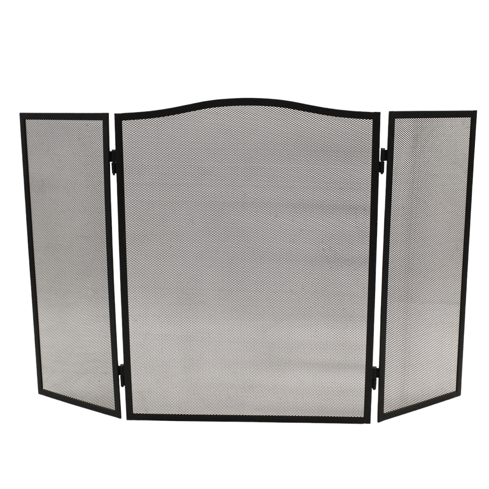Black folding fire screen with three panels for fire spatter protection.