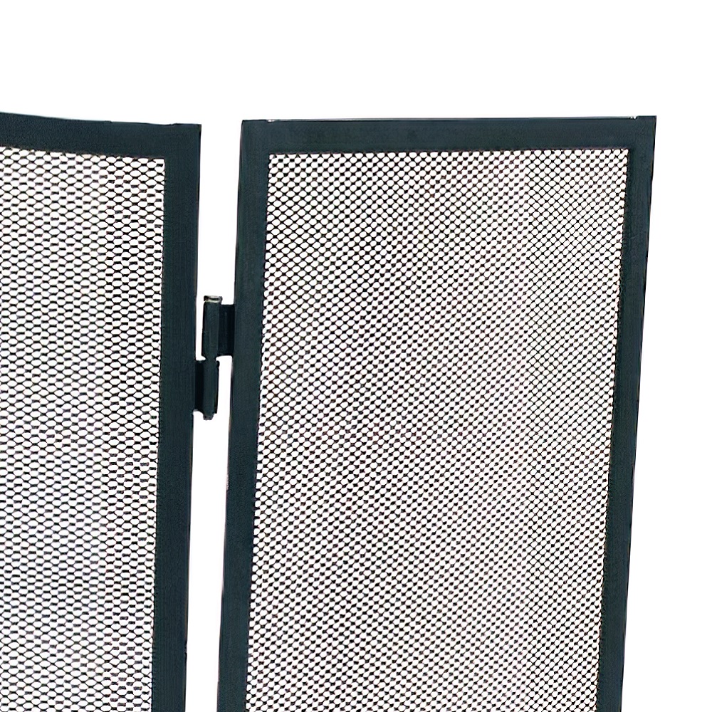 Close-up of a folding fire screen with mesh panels for fire spatter protection.
