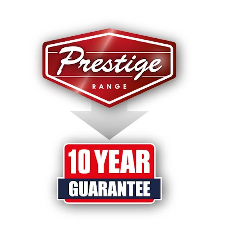 Prestige Range logo with 10 year guarantee badge.