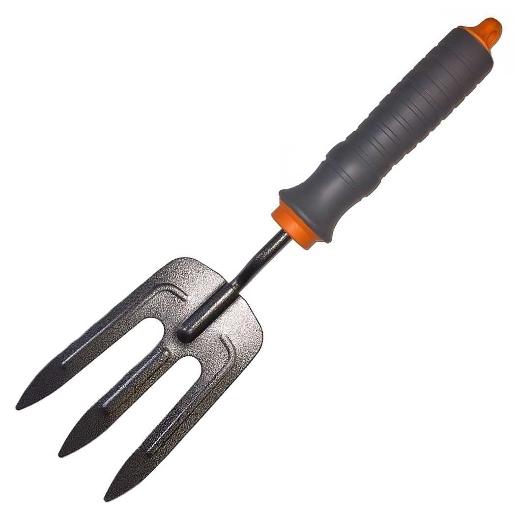 Hand fork with grey handle and orange accents for soil cultivating.