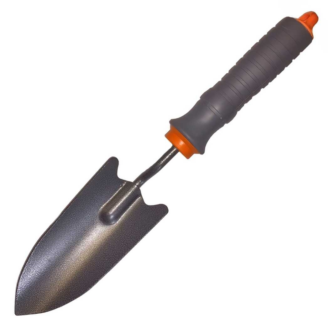 A hand planting trowel with a grey handle and orange accents.