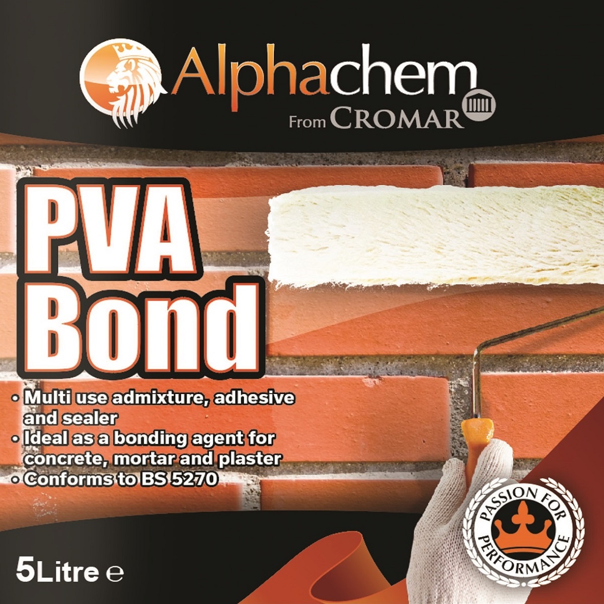 Alpha Chem PVA Bond Sealer Adhesive and Additive 5 Litre with roller applying sealer on brick wall.