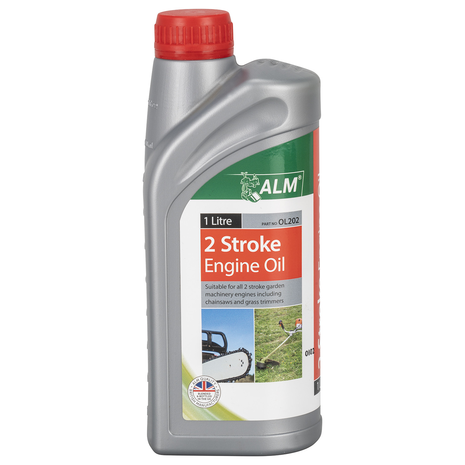 ALM 2-Stroke Engine Oil 1 Litre bottle with red cap and label detailing compatibility with garden machinery.