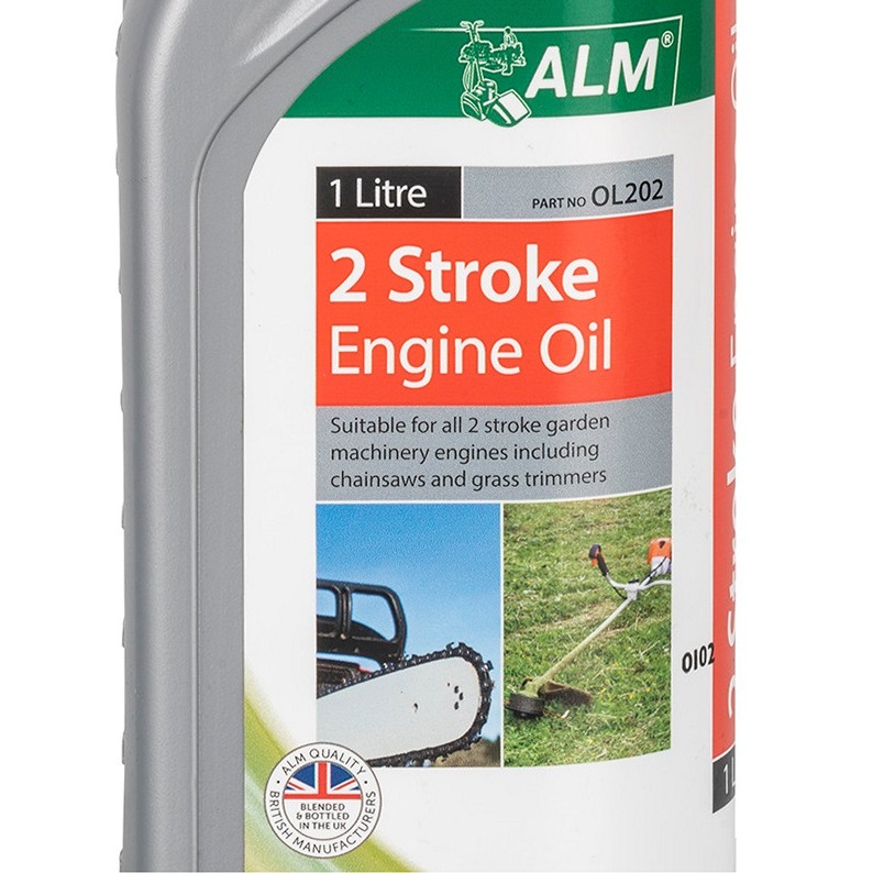 Bottle of ALM 2-Stroke Engine Oil for garden machinery, 1 litre size.