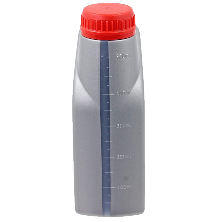 Grey plastic bottle with red cap and volume markings for measuring petrol engine mixing oil.