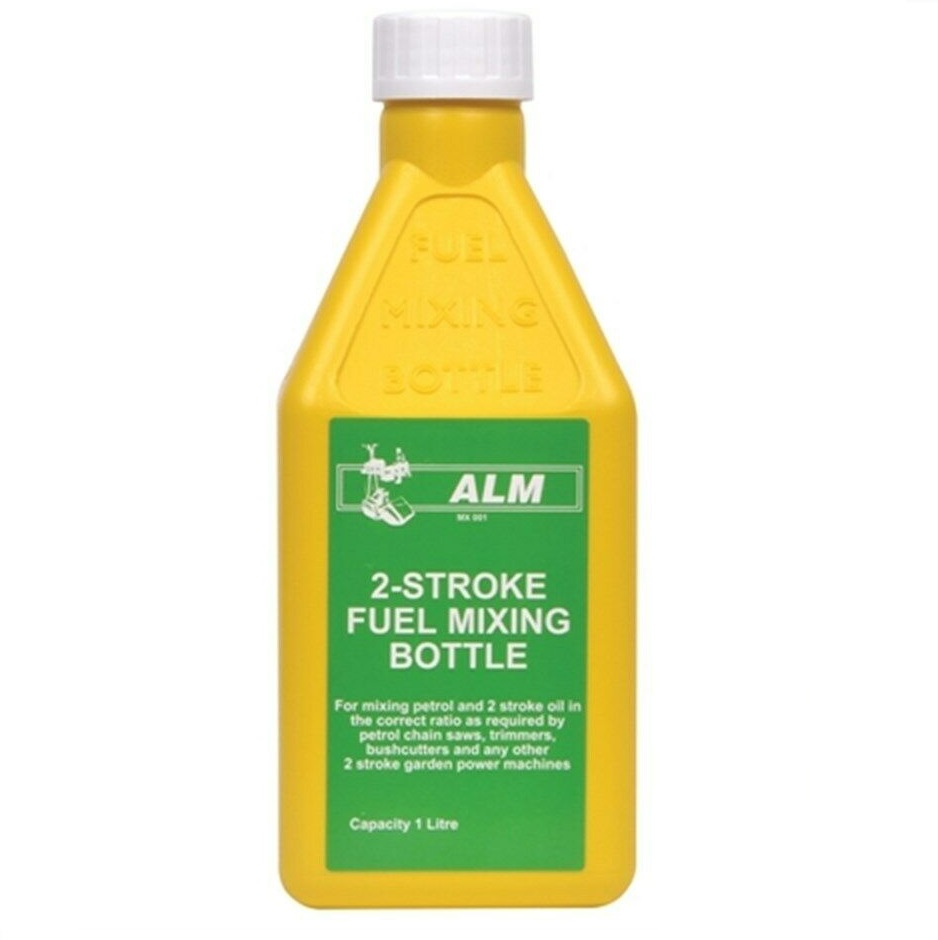 Yellow ALM 2-Stroke Fuel Mixing Bottle with green label, 1 litre capacity.