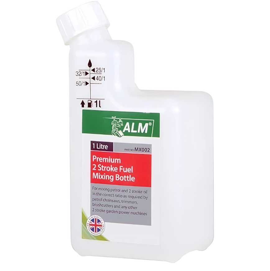 ALM 2-Stroke Fuel Mixing Bottle with measurement markings and UK flag emblem.