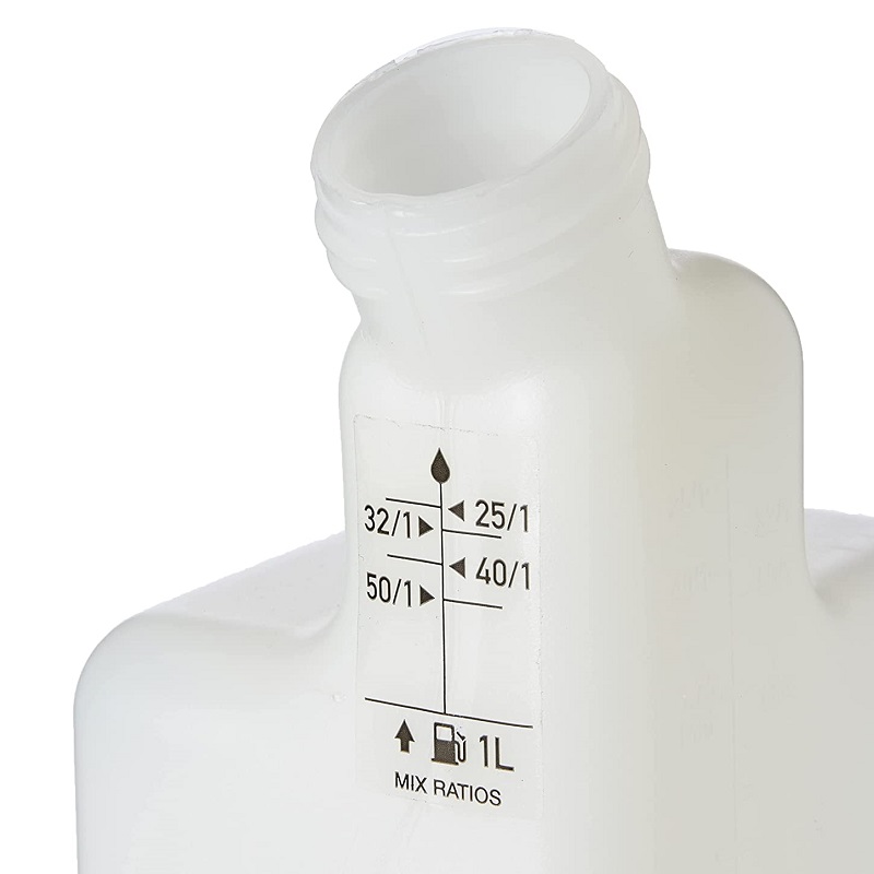 Close-up of a white 1-litre mixing bottle with fuel to oil ratio markings.