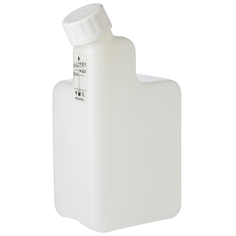 White 1 litre bottle with measurement markings for mixing petrol and oil.