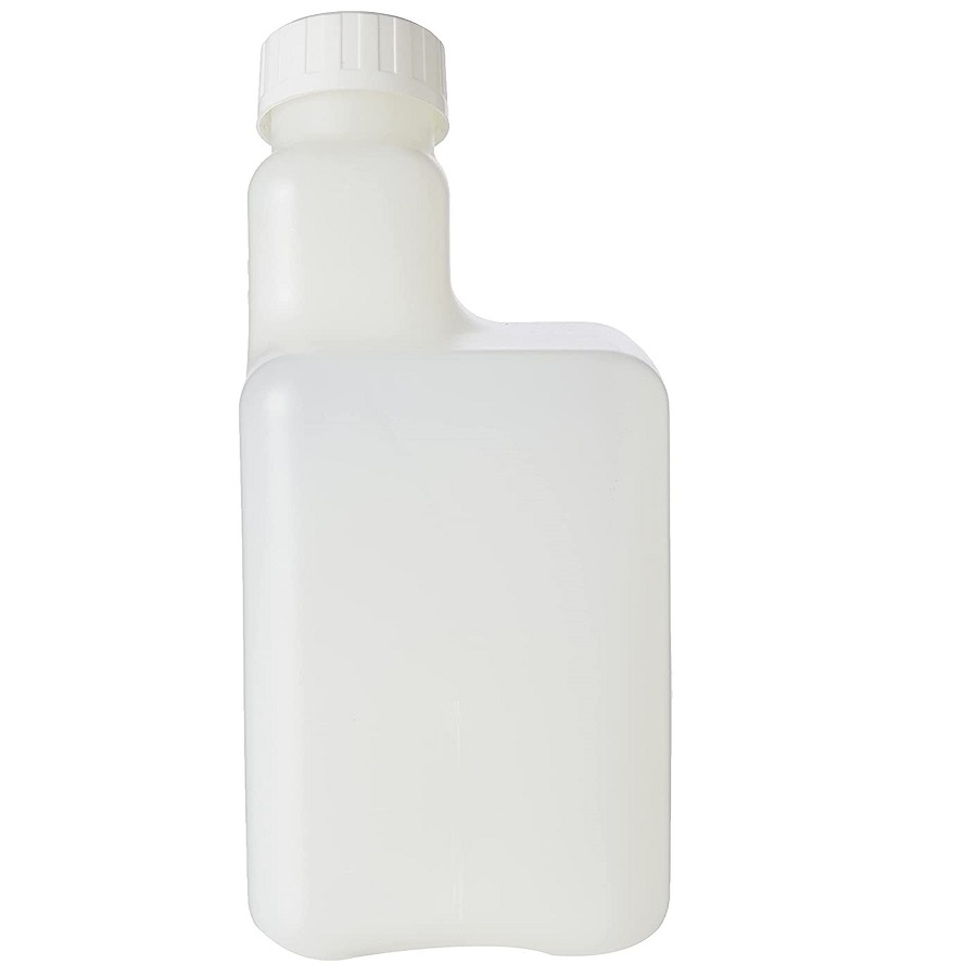 White plastic 1-litre bottle with a screw cap for mixing petrol and oil.