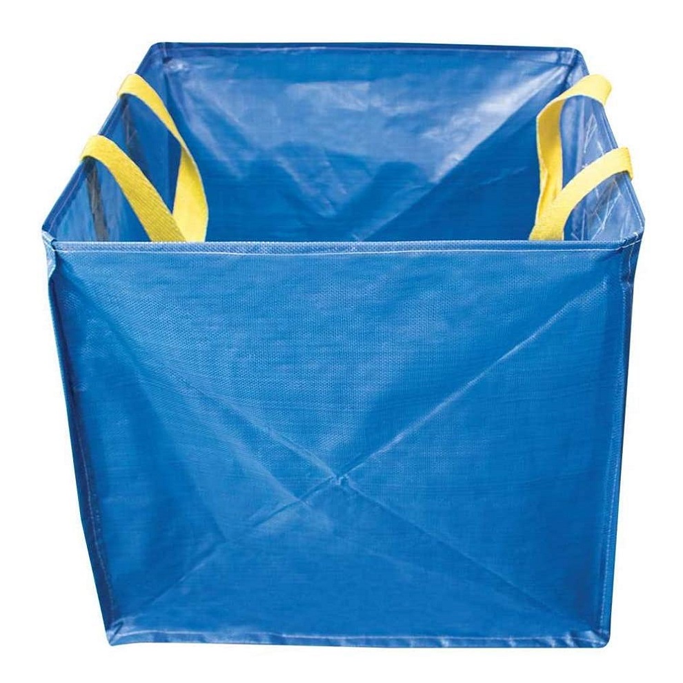 Blue self-supporting folding garden waste bag with yellow handles.