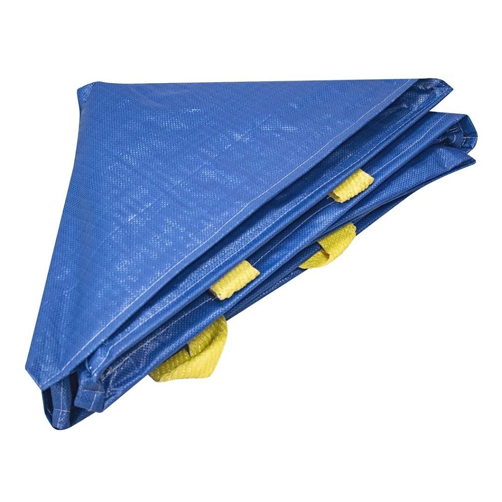 Folded blue garden waste bag with yellow handles.