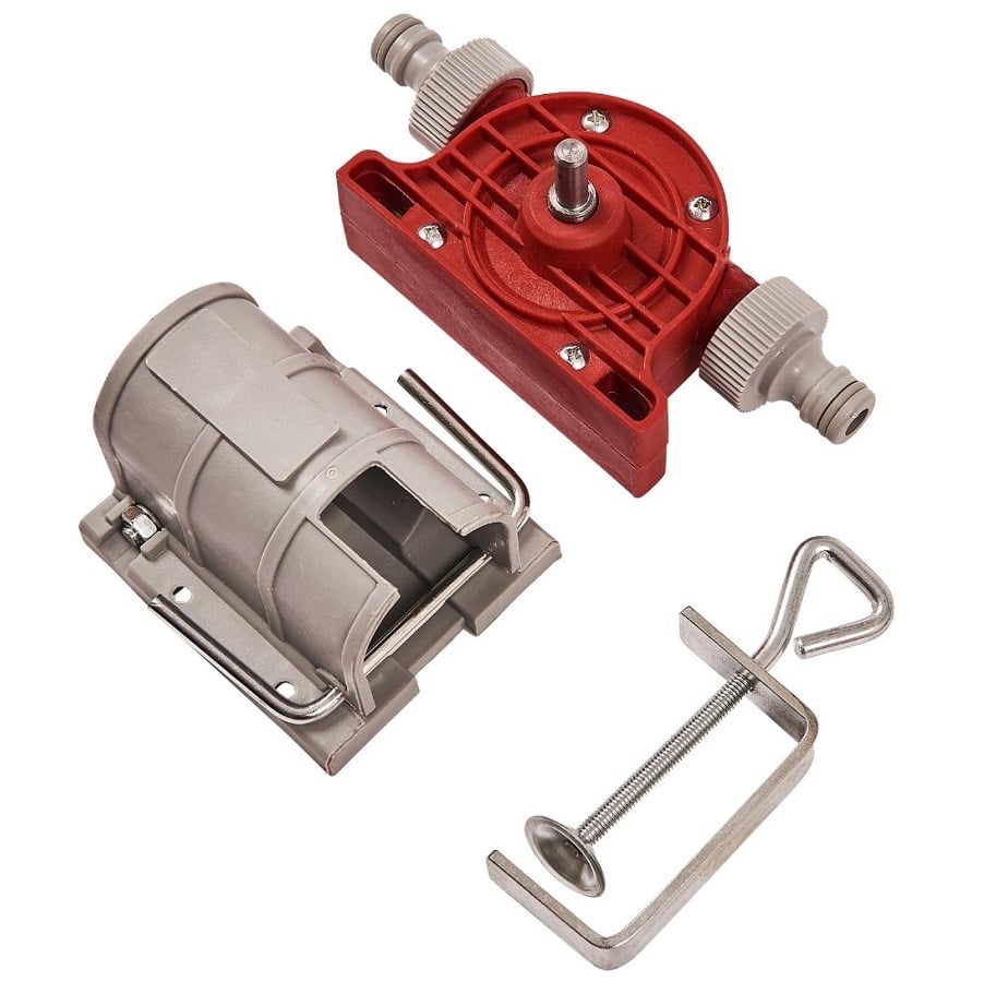 Amtech drill-powered liquid transfer pump with clamp, featuring a red pump and grey clamp components.