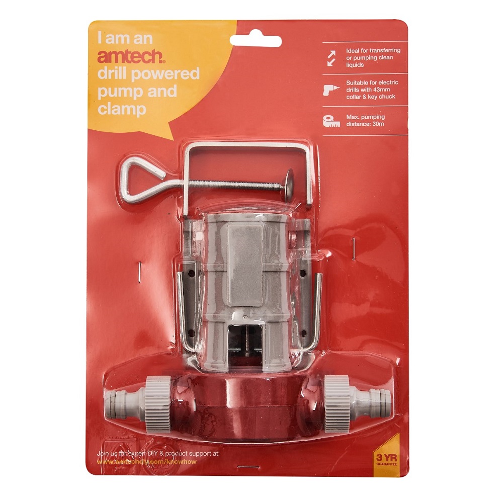 Amtech drill-powered liquid transfer pump with clamp in packaging.