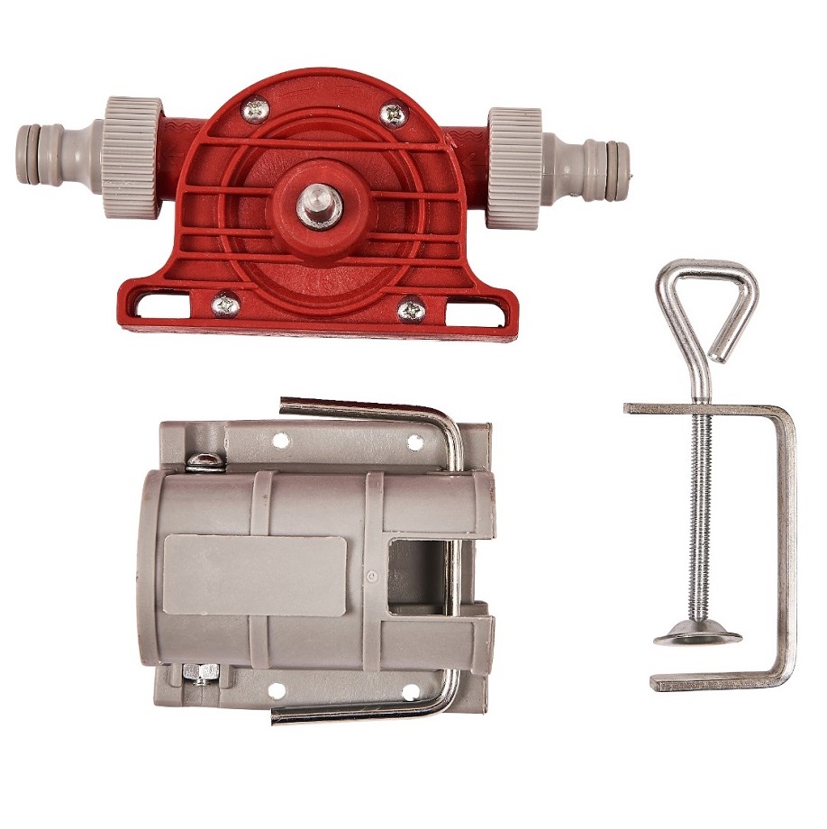 Amtech drill-powered liquid transfer pump with clamp, showing red pump and grey clamp components.