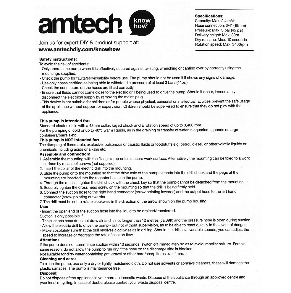 Instruction sheet for the Amtech Drill-Powered Liquid Transfer Pump with Clamp, detailing specifications, safety instructions, and assembly guidelines.