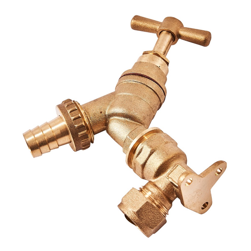 Brass garden tap with wall mount and 15mm compression fitting
