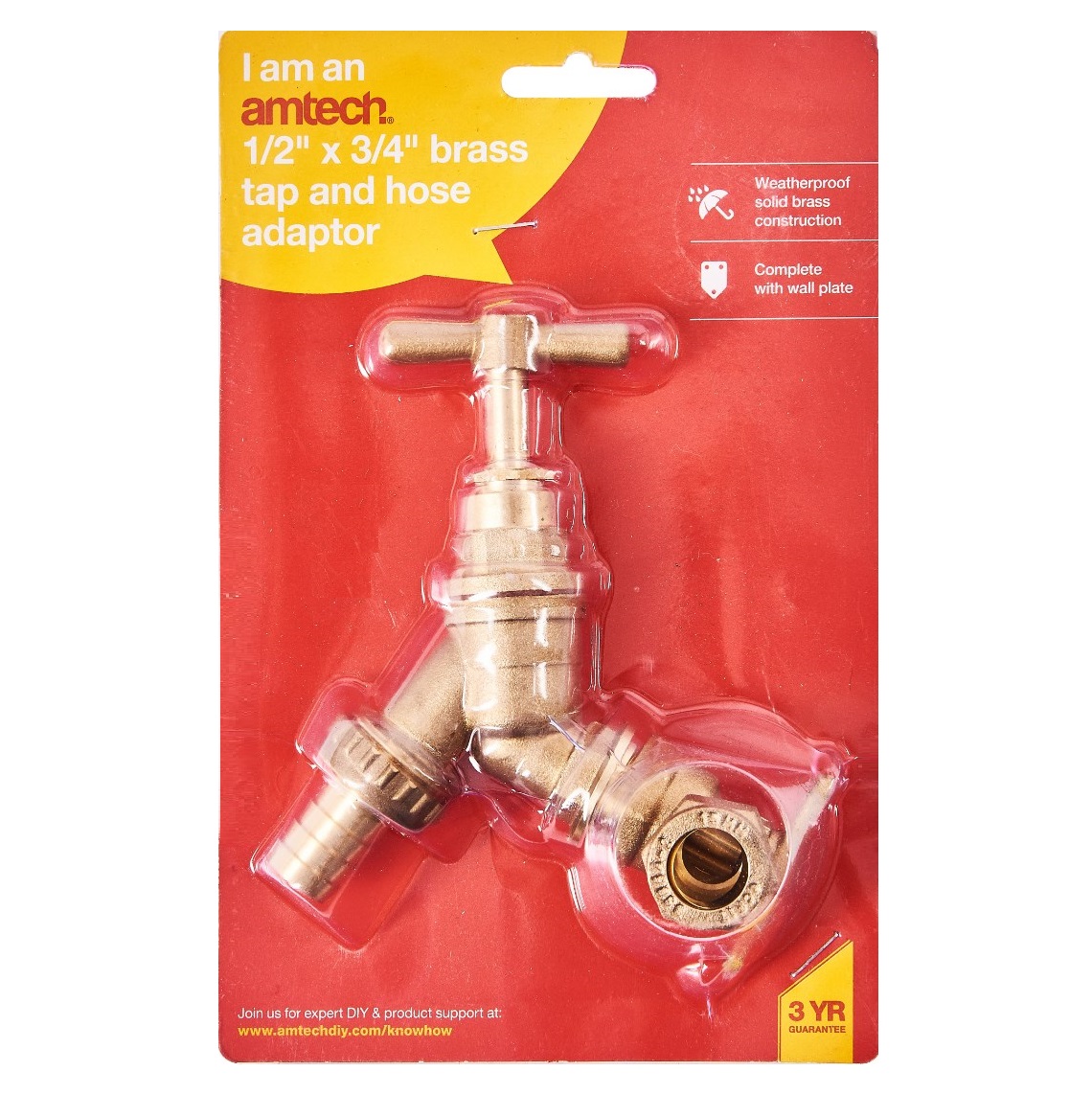 Amtech brass garden tap with hose adaptor in packaging.