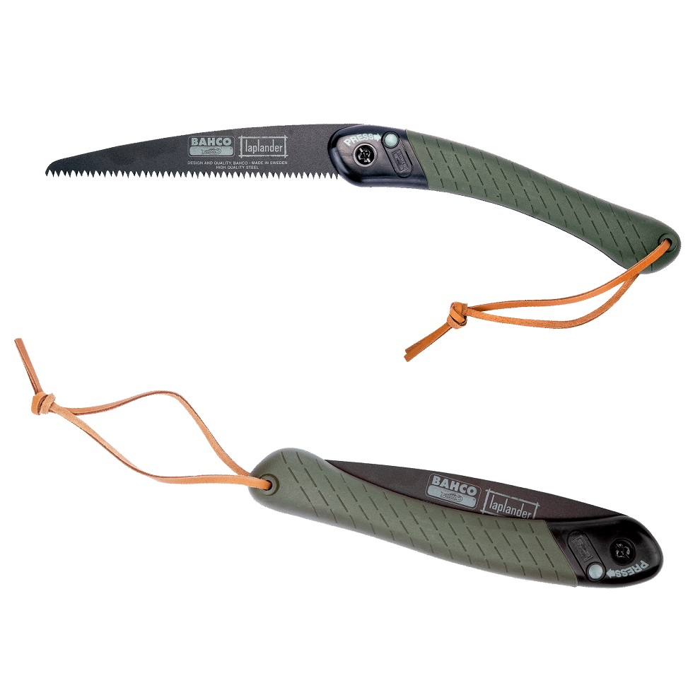 Bahco folding garden pruning saw with green handle and leather strap.