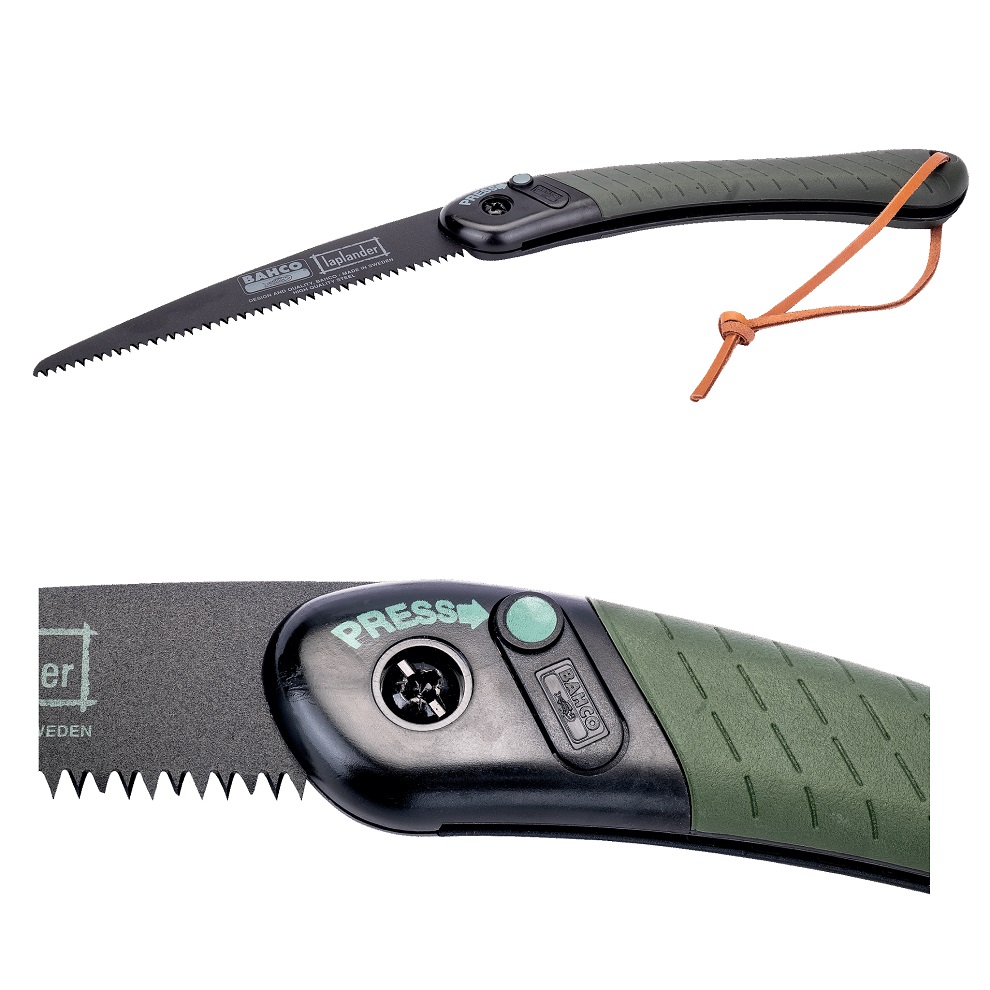 Bahco folding garden pruning saw with green handle and orange strap, featuring sharp teeth for cutting.