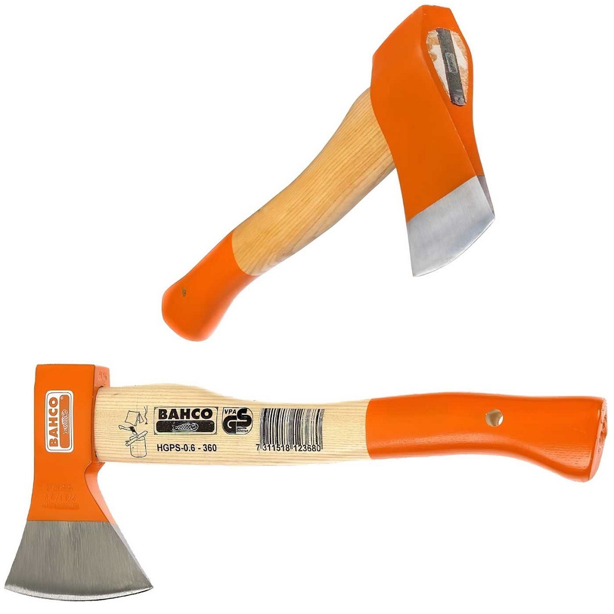 Bahco 800g hand axe with orange handle and sharp blade, model HGPS-0.6-360, for wood splitting and chopping.