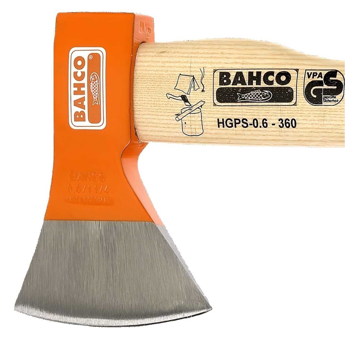 Bahco hand axe with orange head and wooden handle, model HGPS-0.6-360.