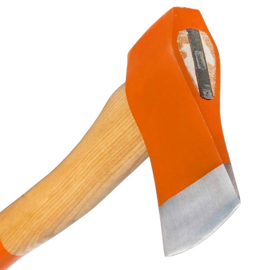 Close-up of an orange-handled Bahco hand axe with a wooden grip and metal blade.