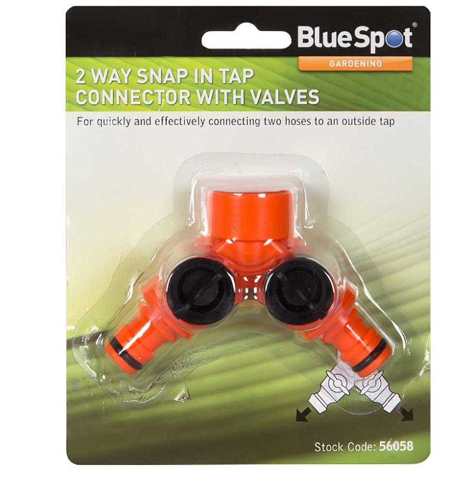 Packaging of Blue Spot Tools 2-Way Valved Tap Connector for Controlled Hose Flow, showing the orange connector with two valves.