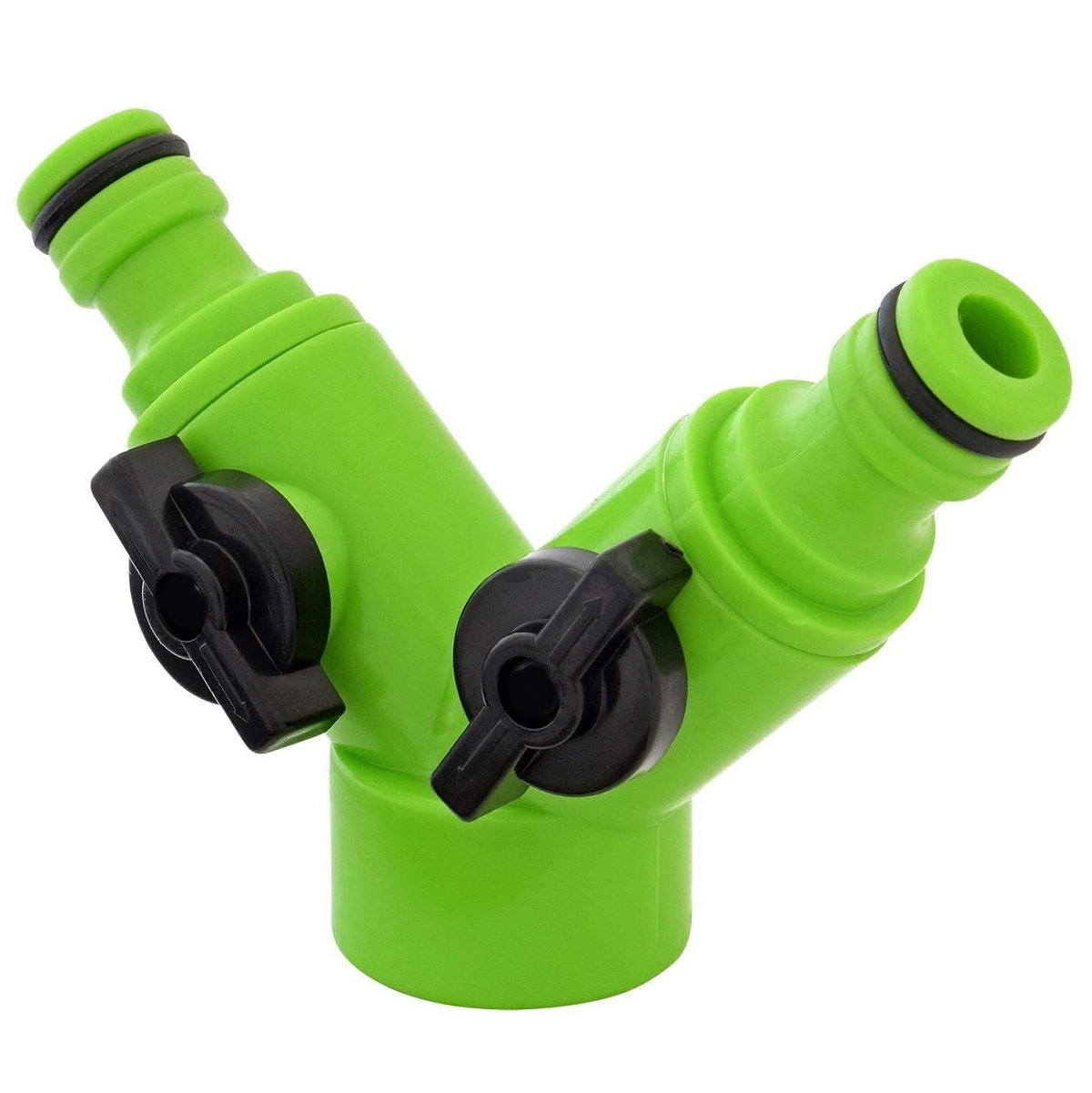 Green 2-way valved tap connector with black control knobs for hose flow management.
