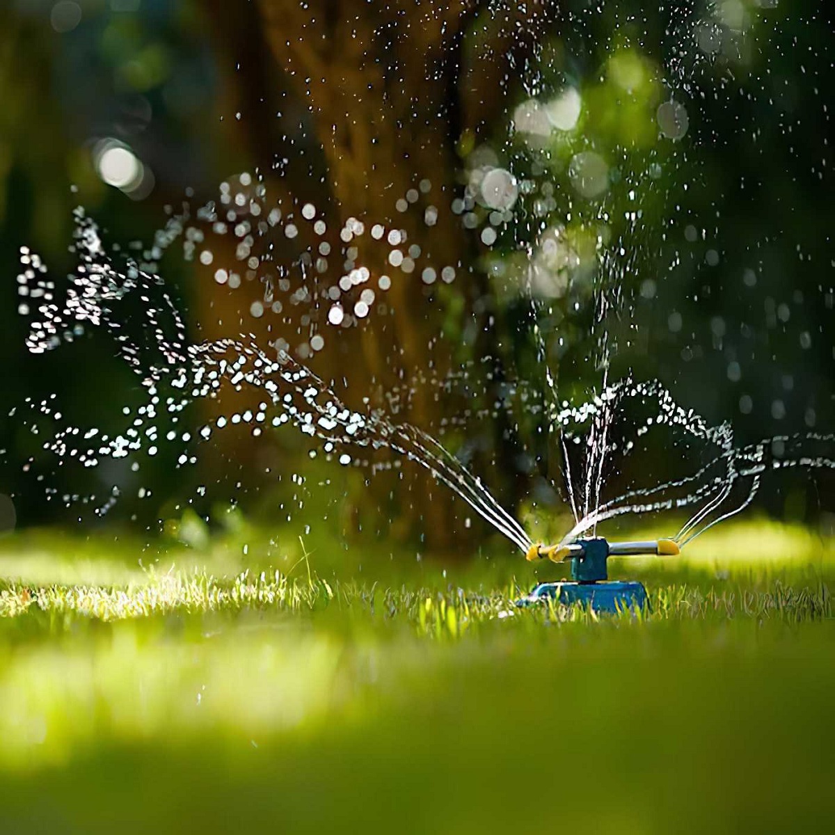 Garden hose water sprinkler with three arms spraying water on a lawn.