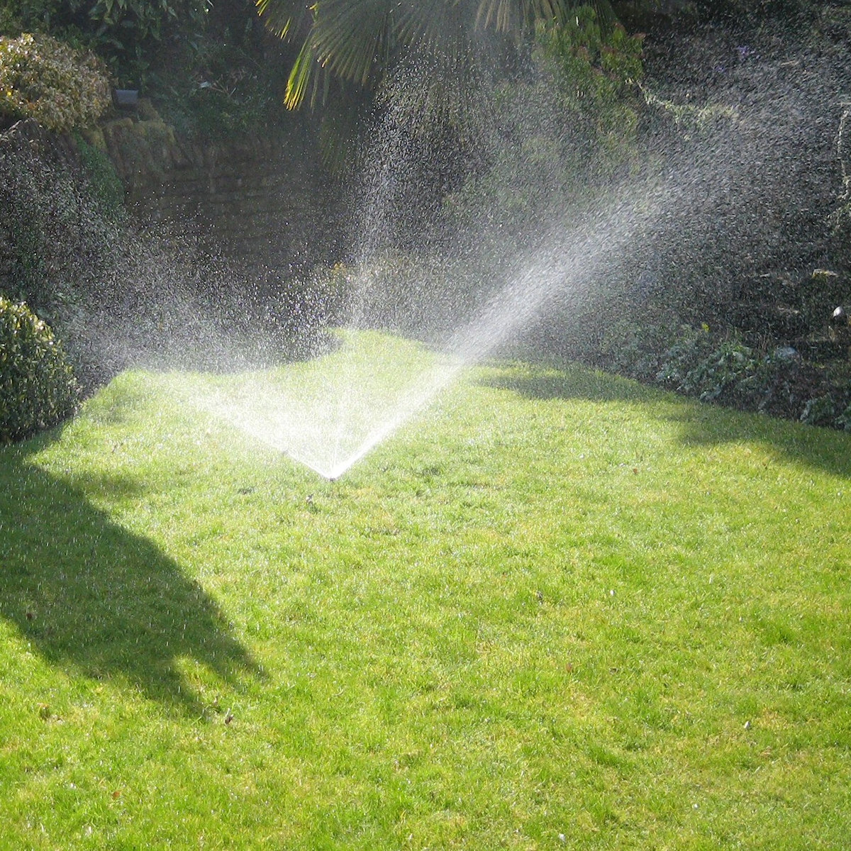 Garden hose water sprinkler in use on a green lawn.