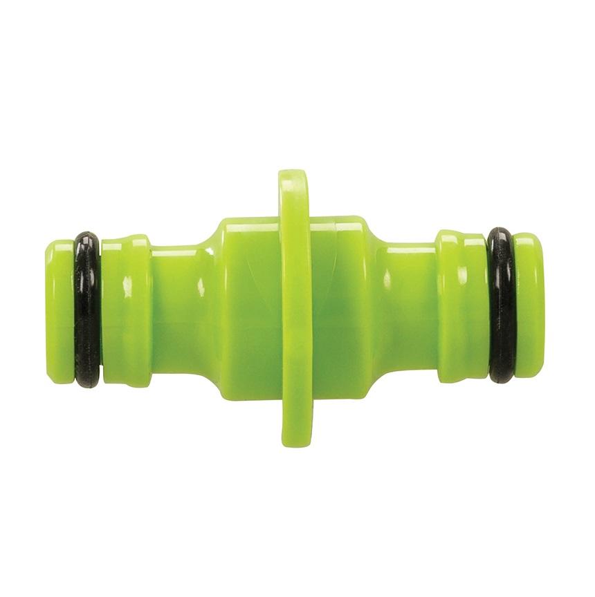 Green double male hose pipe straight adapter joiner with black O-rings