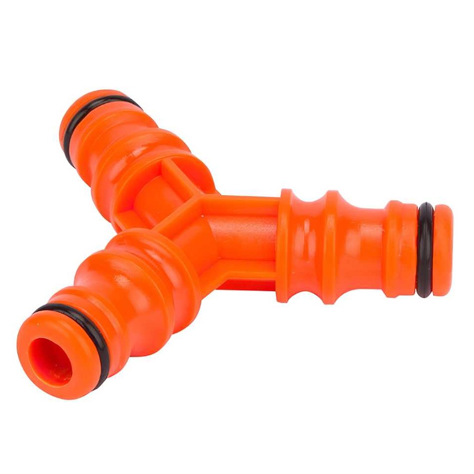 Orange 3-way hose pipe connector adapter with three openings for multi-hose use.