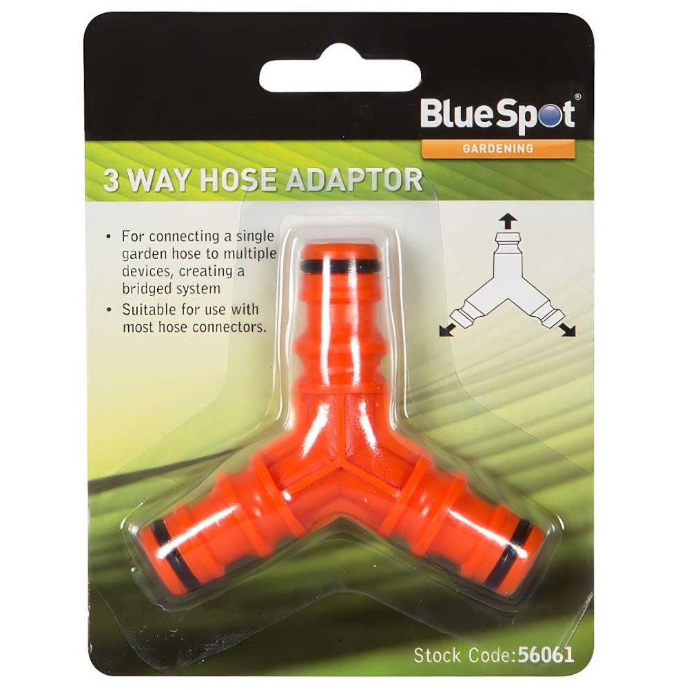 Orange 3-way hose pipe connector adapter in packaging, labelled Blue Spot Gardening, suitable for connecting a single garden hose to multiple devices.