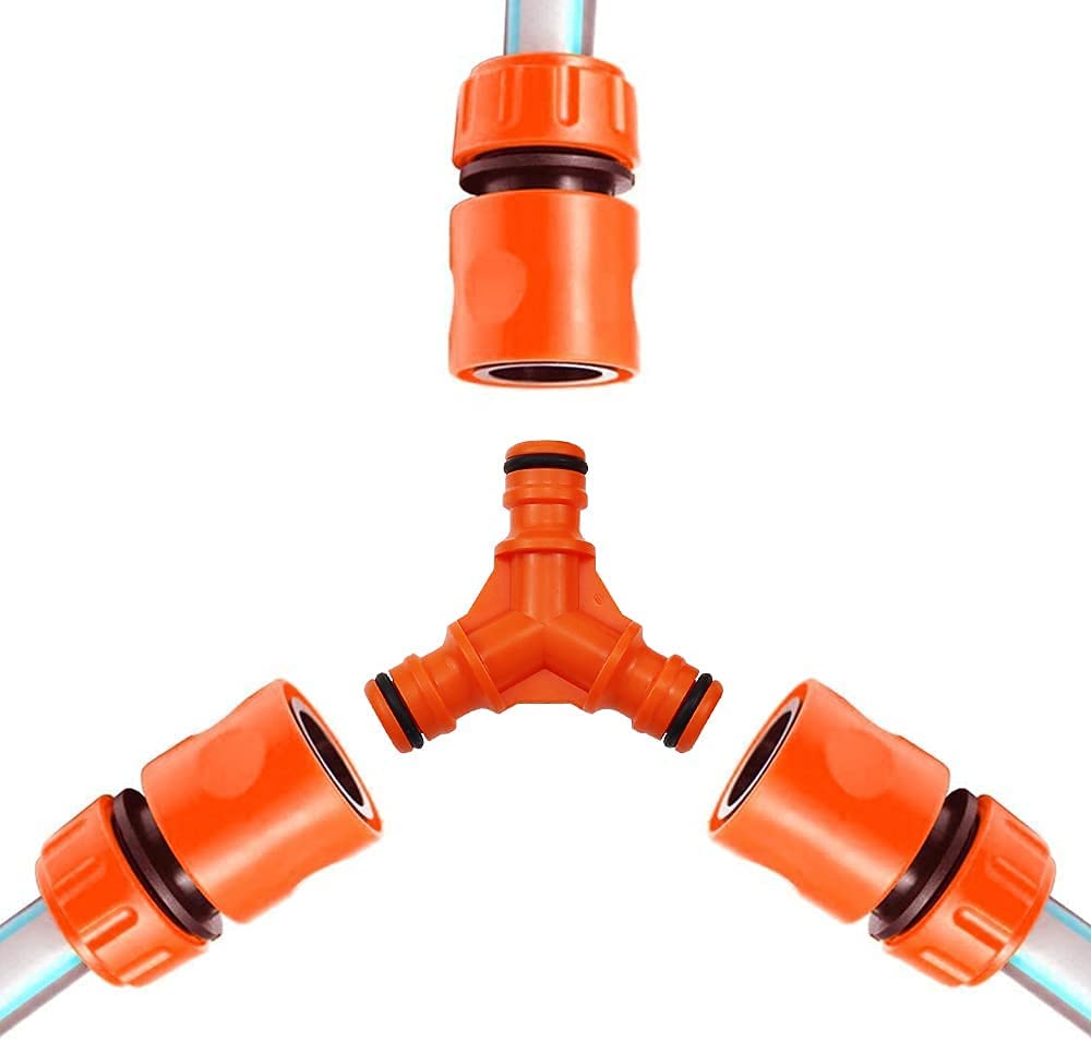 Orange 3-way hose pipe connector adapter with three hose attachments.