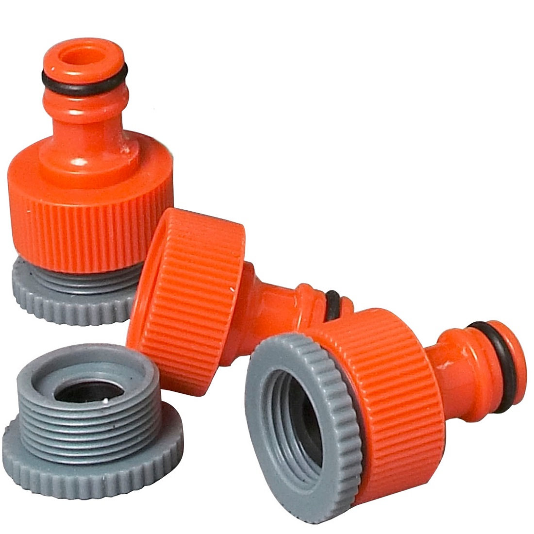 Orange and grey garden tap quick connectors with threaded design.
