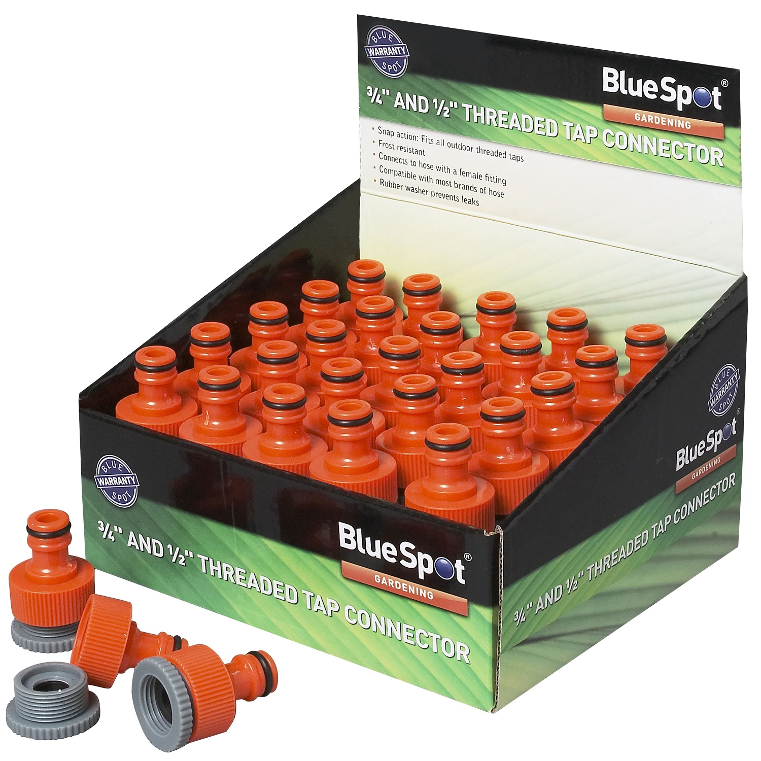 Display box of Blue Spot threaded garden tap quick connectors with several orange connectors visible.