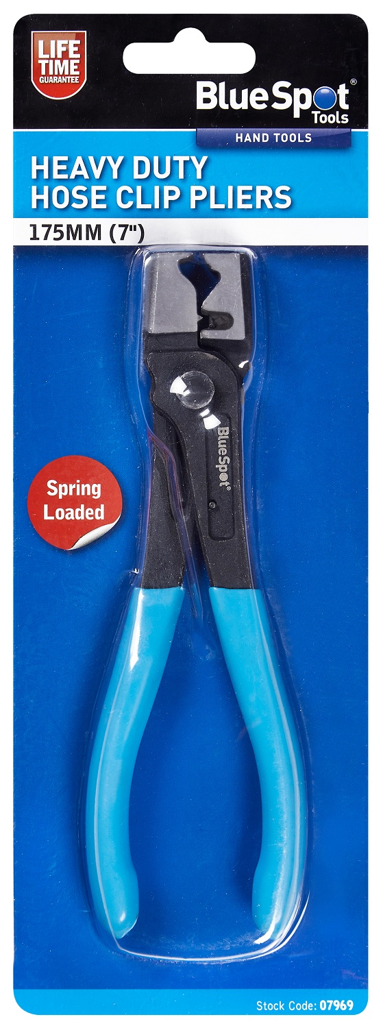 Blue Spot Tools Heavy Duty Hose Clip Pliers with blue handles and spring-loaded mechanism, 175mm Packaging
