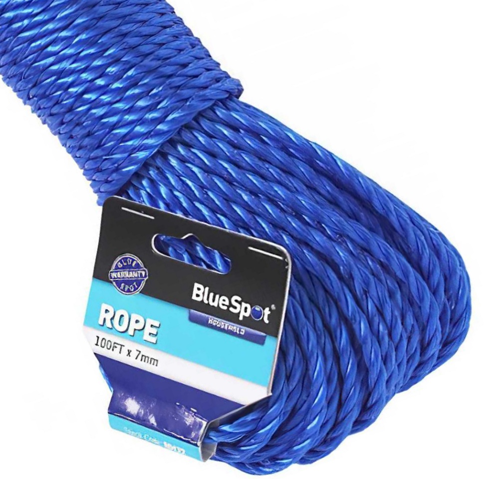 Coiled blue poly rope with Blue Spot Tools label showing 100ft x 7mm size.