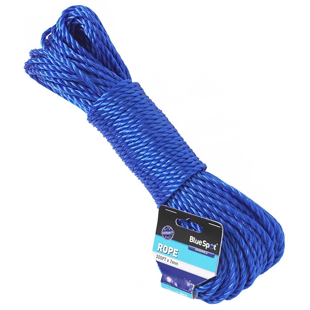Coiled blue poly rope with a label, suitable for outdoor use.