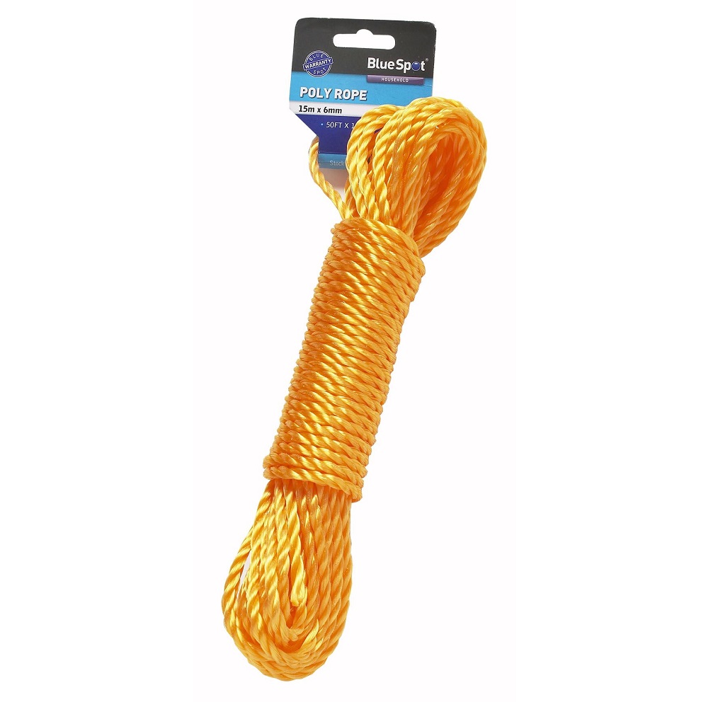 A coil of 6mm orange poly rope with a Blue Spot Tools label.