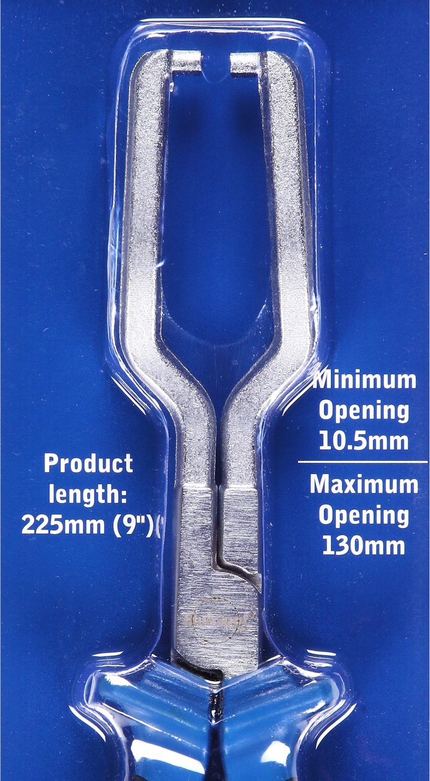 Blue Spot Tools Fuel Line Hose Clip Removal Pliers with blue handles in packaging, showing product length and opening measurements.