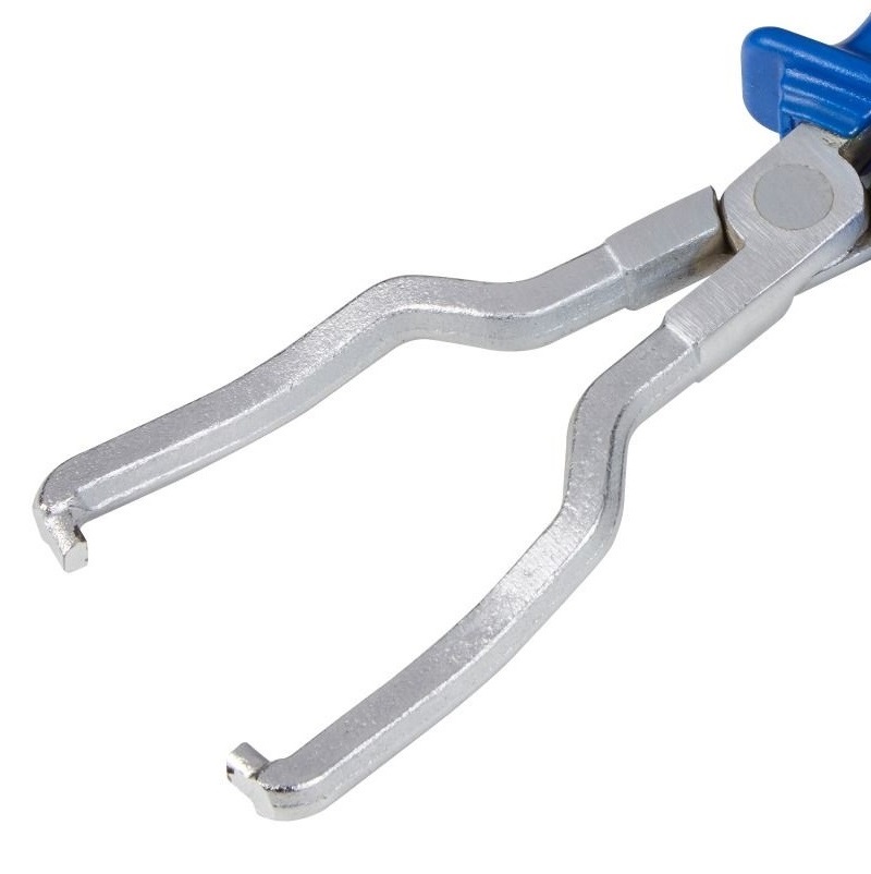 Close-up of Blue Spot Tools fuel line hose clip removal pliers with blue handle.