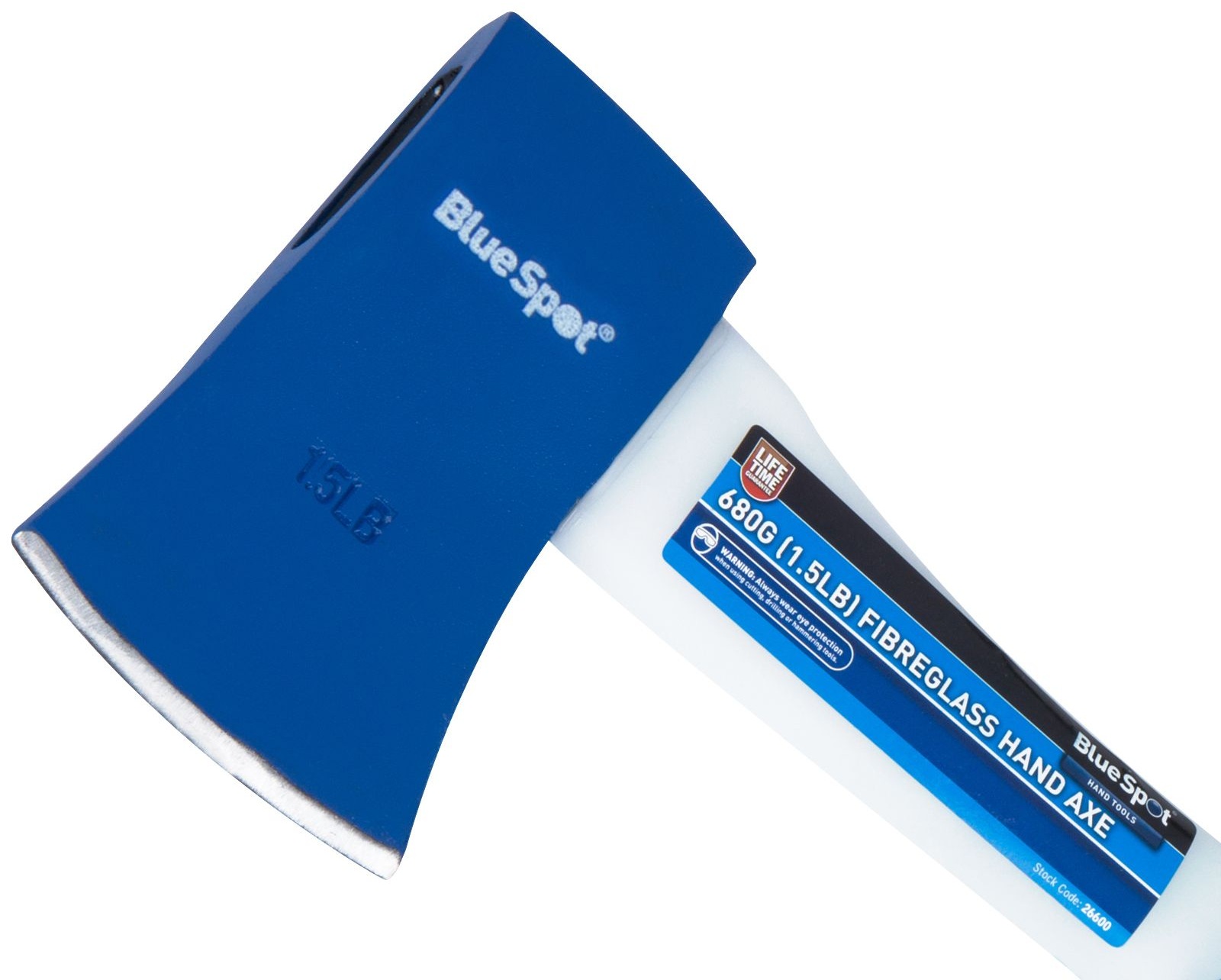 Blue Spot Tools 26600 hand axe with a blue fibreglass handle and metal blade closeup