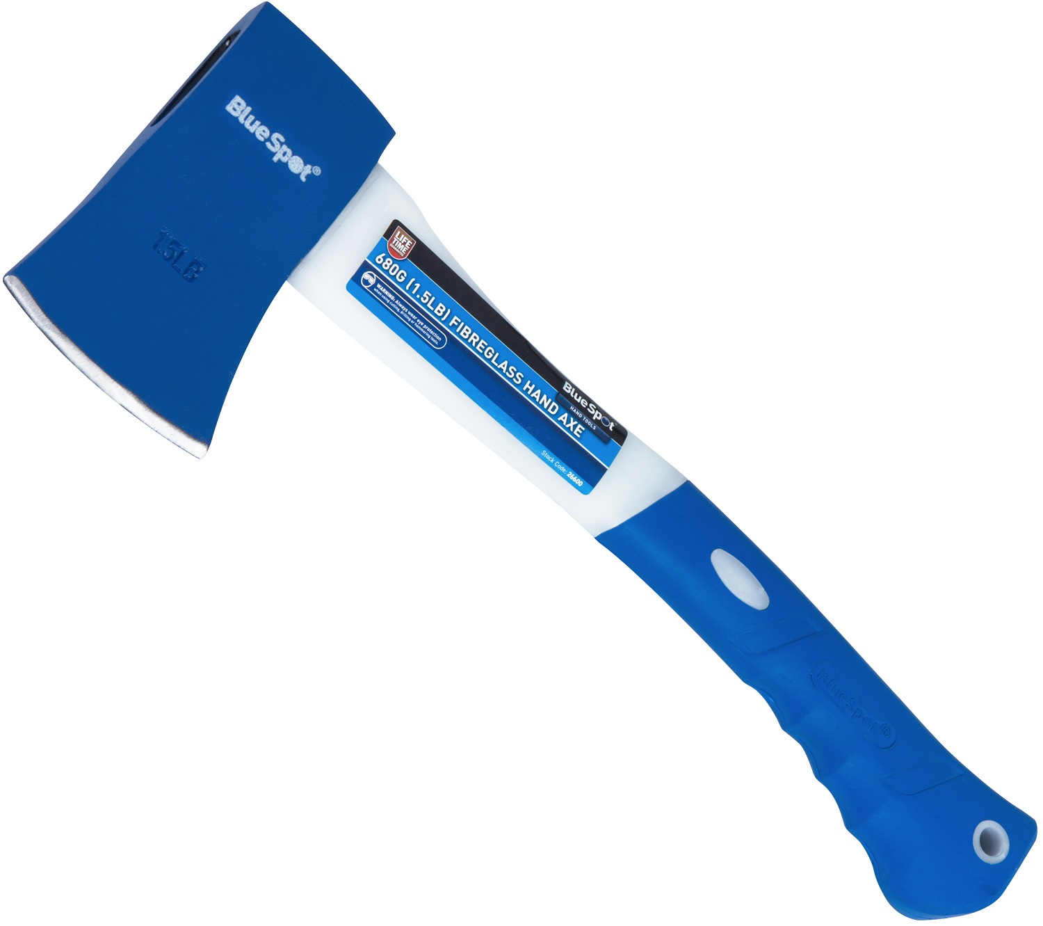 Blue Spot Tools 26600 hand axe with a blue fibreglass handle and metal blade.