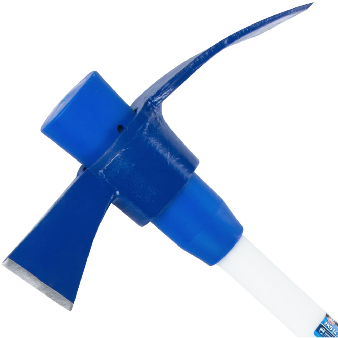 Blue 26186 garden mattock head with a fibreglass handle closeup