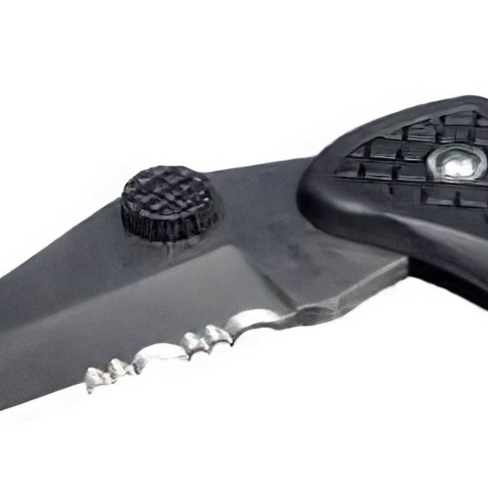 Close-up of a folding utility pocket knife with a serrated edge and black handle.