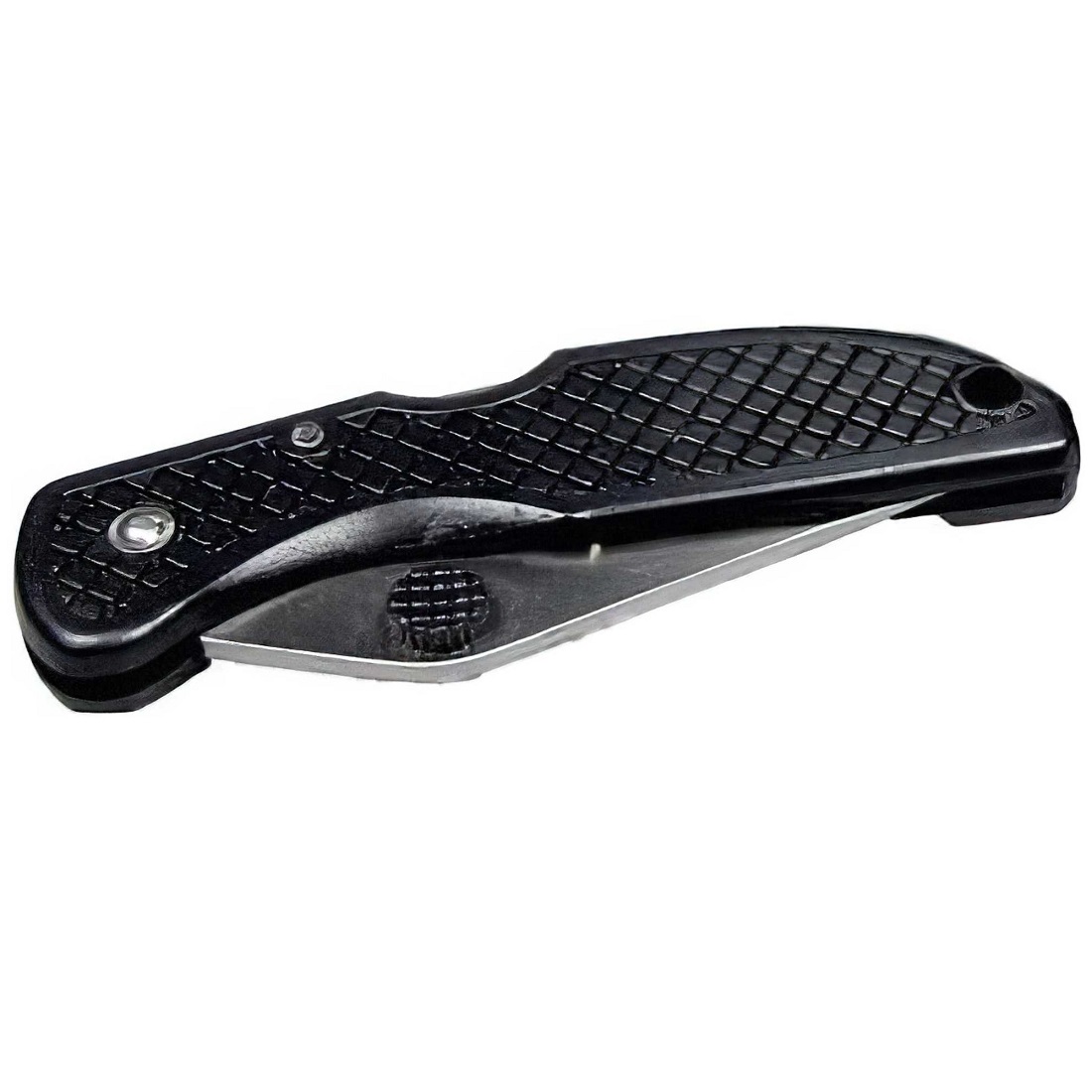Black one-handed folding utility pocket knife with a partially visible blade.