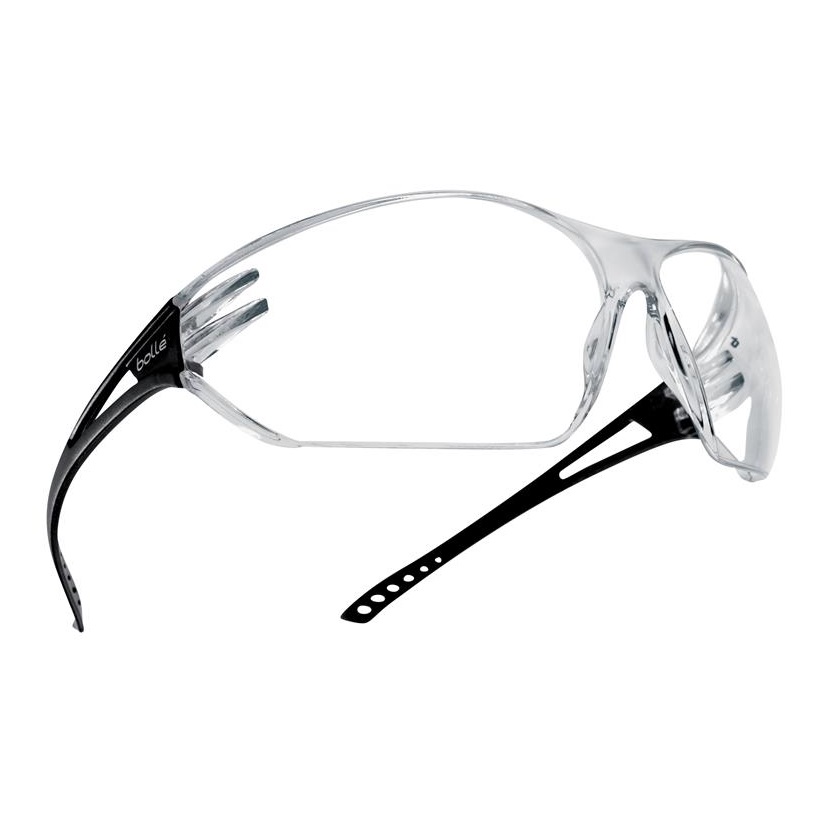 Clear safety glasses with black arms, featuring a sleek design.