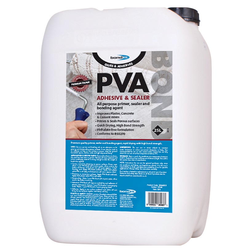 25L container of Bond It Premium PVA Bond Sealer and Adhesive with label detailing its use as a primer, sealer, and bonding agent.